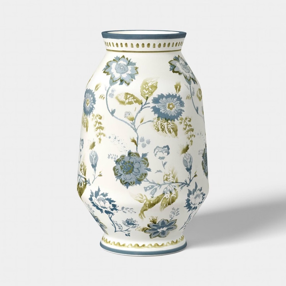Tall Floral Painted Ceramic Vase Blue/Green - Threshold, Target